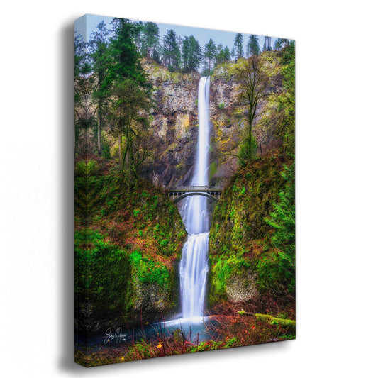 Multnomah Waterfall Picture Nature Photo, Pacific Northwest Oregon Picture Relaxation Artwork, Columbia River Gorge for Meditation, House