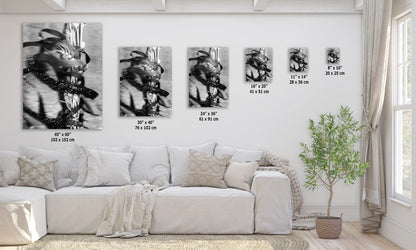 a living room with a white couch and three black and white pictures on the wall