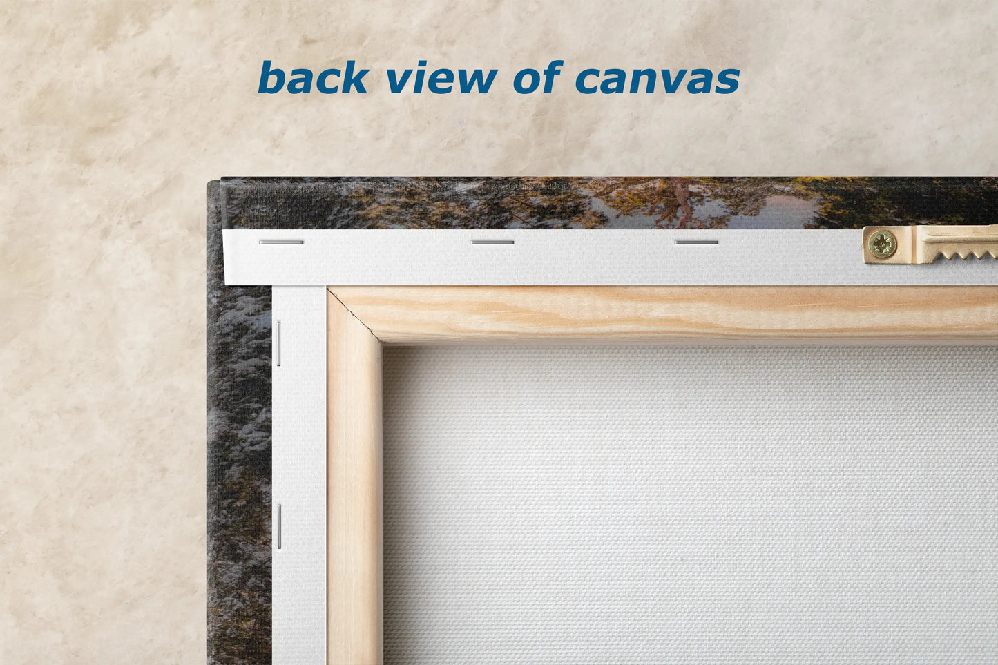 the back view of canvass is shown with a wooden frame