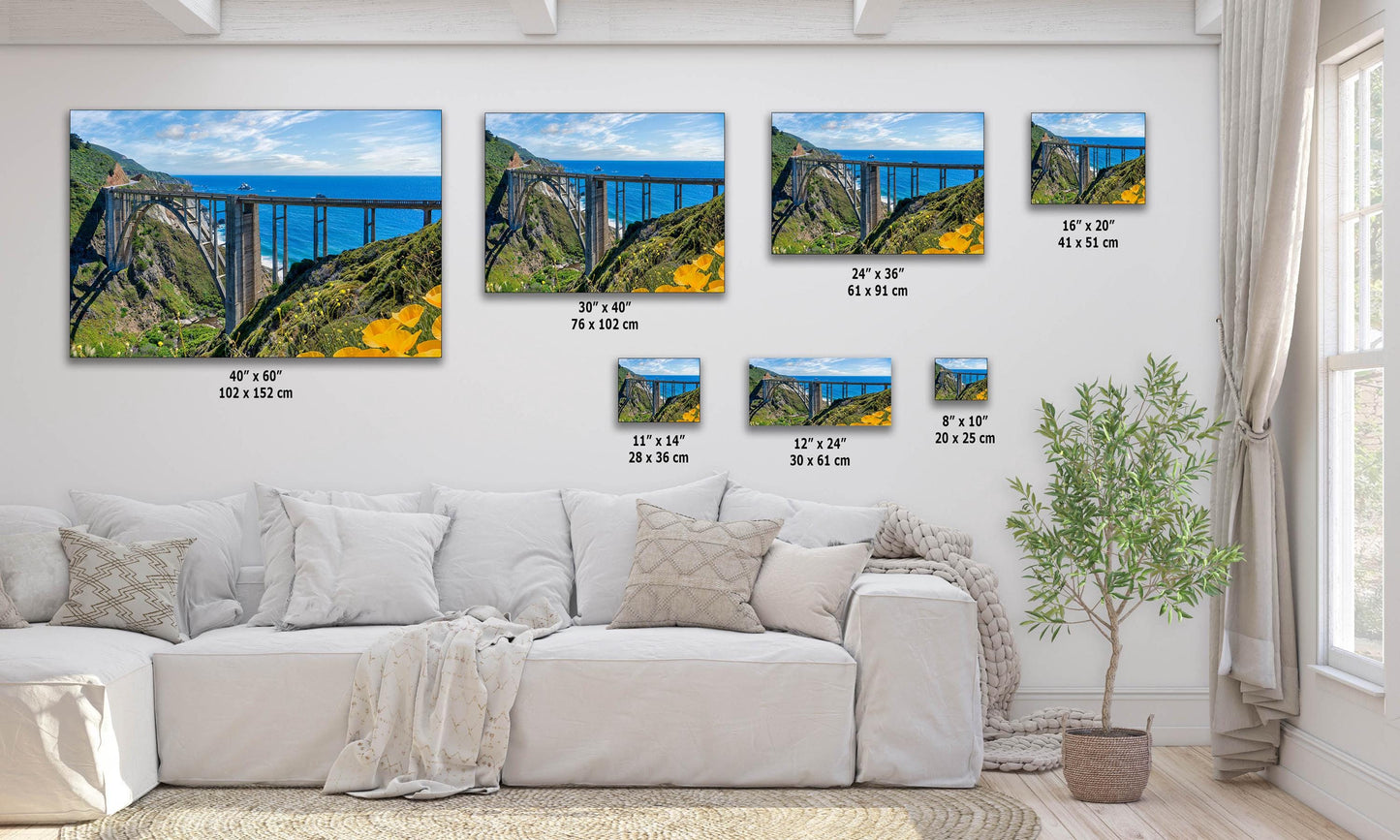 Multi-size display diagram of wall art featuring Bixby Bridge on the Big Sur coast of California, available in various sizes for different room settings.