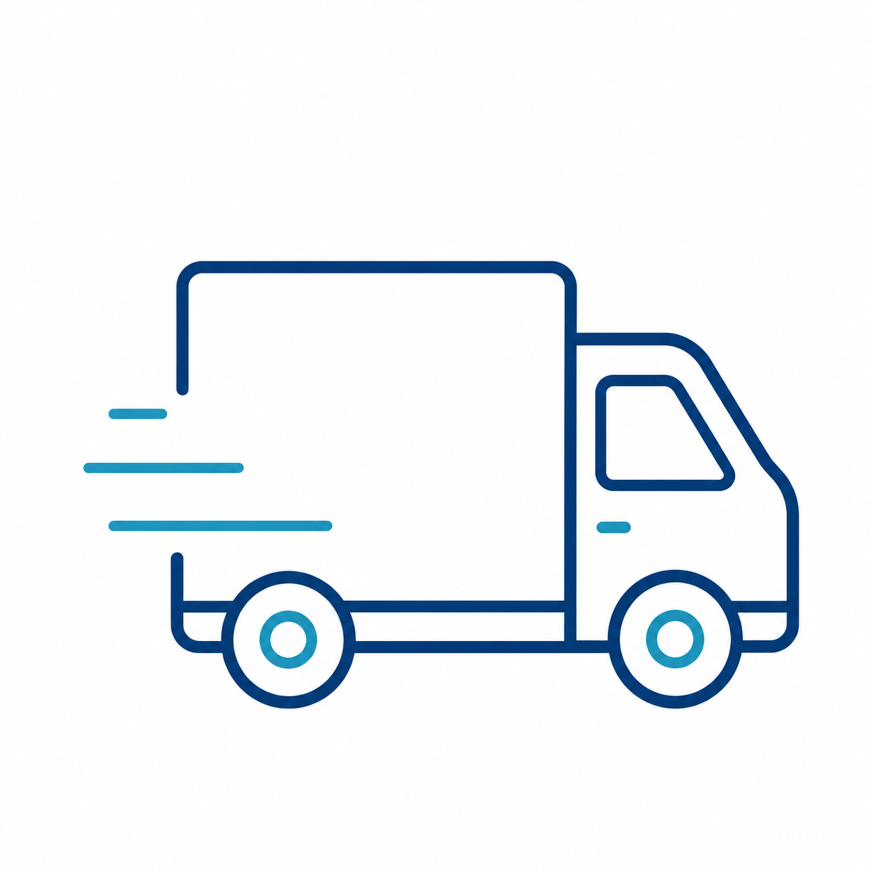 A simple blue line icon of a delivery truck with motion lines on a plain white background.