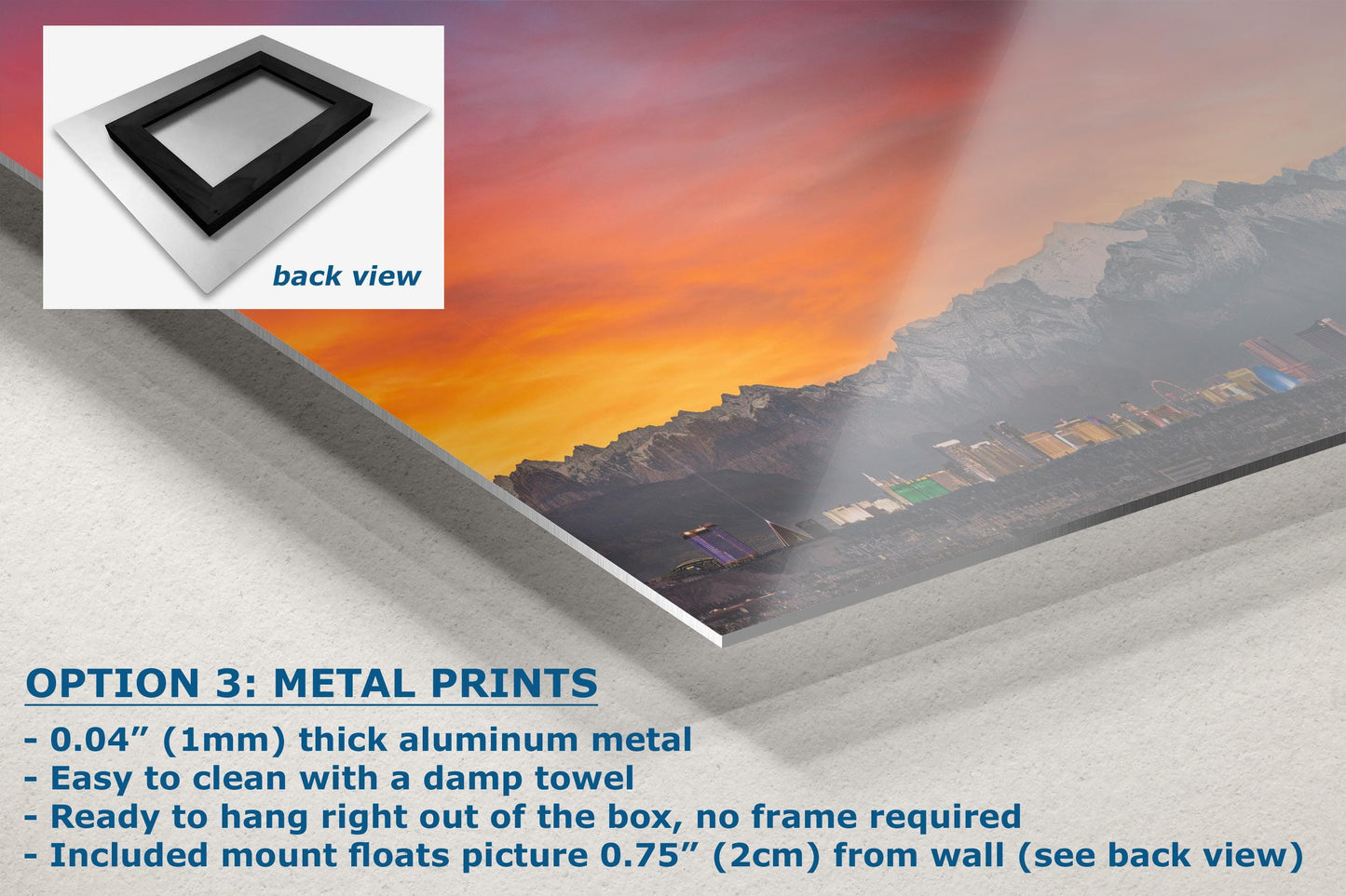 Closeup of aluminum metal print featuring the Las Vegas skyline at sunset with a sleek floating mount.