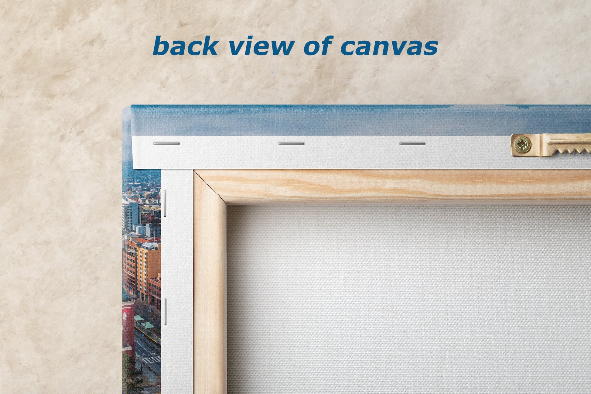 a back view of a canvas with a cityscape printed on it.