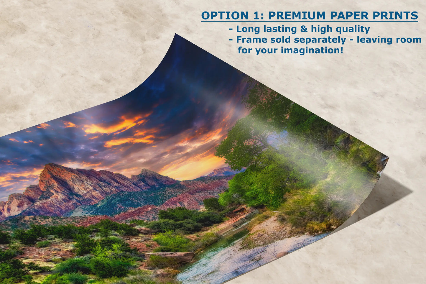 a picture of a mountain range with the text option 1 premium paper prints