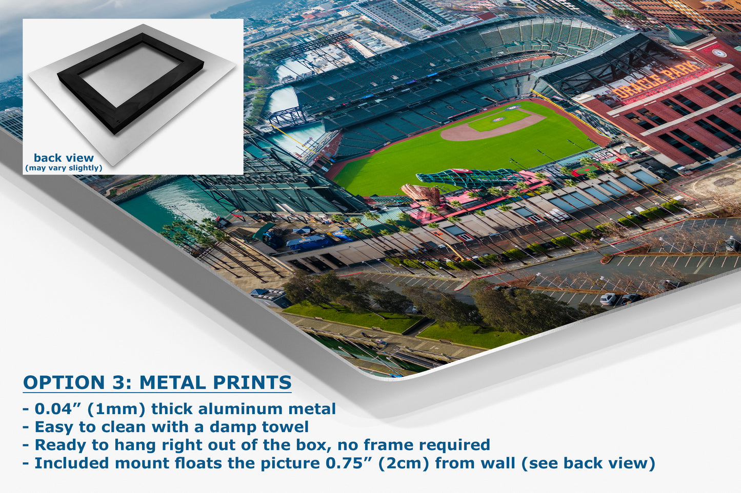 The image is a metal print of a baseball stadium, featuring a detailed view of the field, seating areas, and surrounding landscape.