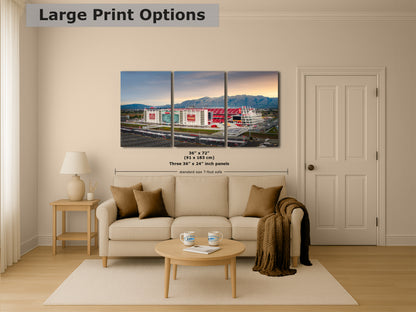 The image is a living room with a large, colorful, and detailed painting of a stadium or sports arena displayed on the wall. The painting is composed of three panels, and the dimensions are provided as 36 inches by 57 inches.