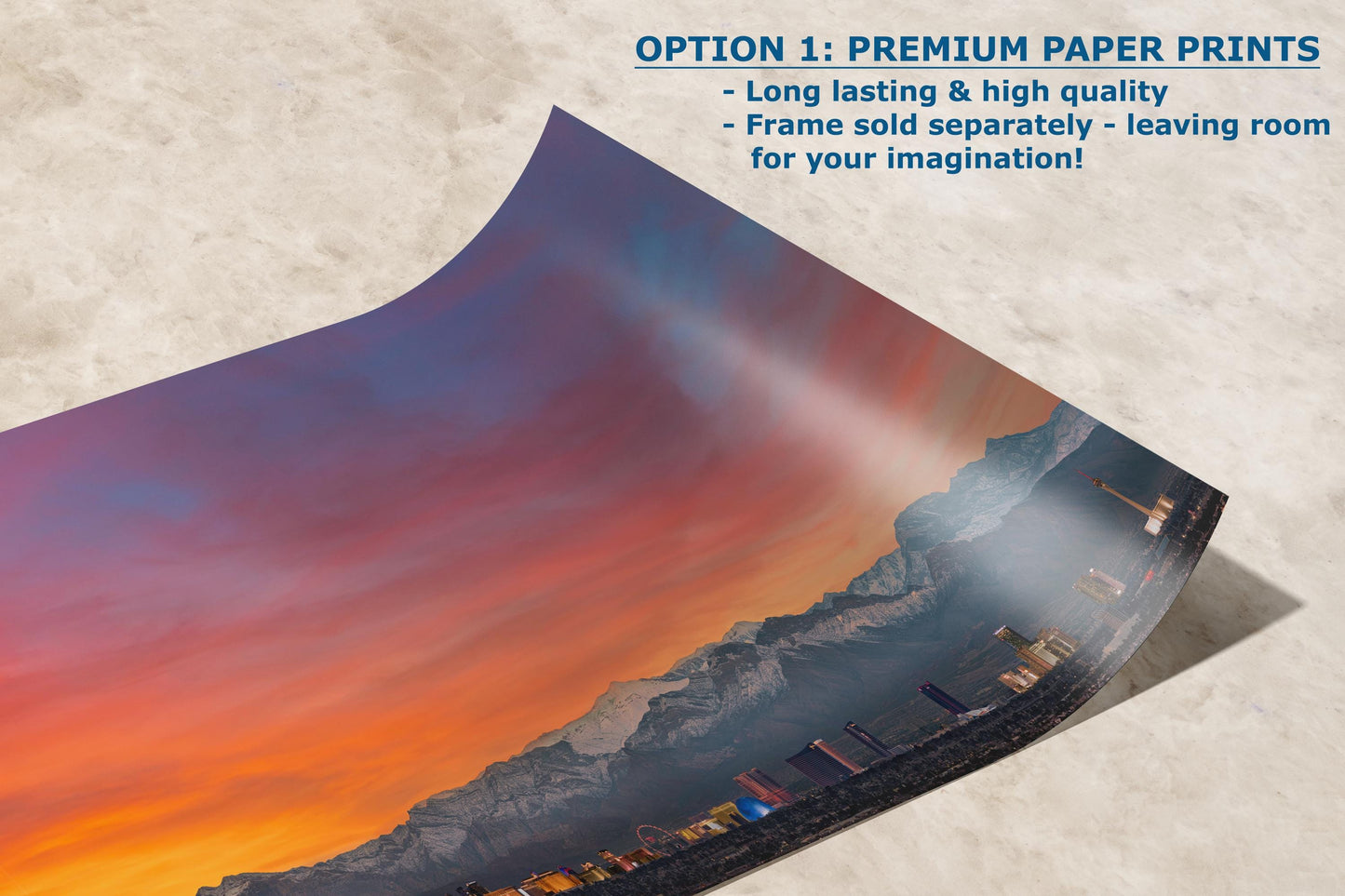 Premium paper print of the Las Vegas skyline at sunset with vibrant colors and the Spring Mountains in the distance.