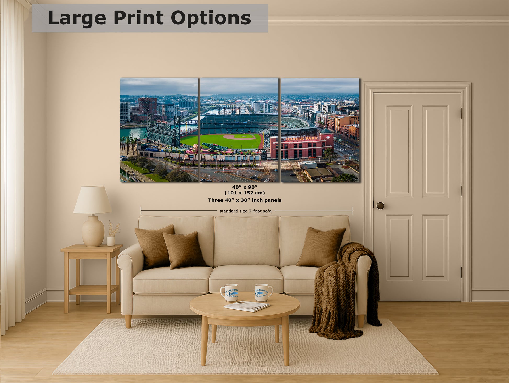 A large, three-panel print depicting a cityscape with a baseball field in the foreground.