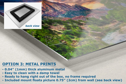 a picture of a mountain range with the text option 3 metal prints