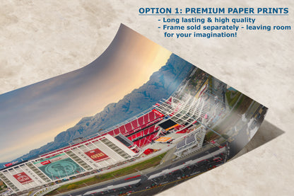 The image is a collage of multiple images depicting a large stadium with mountains in the background.