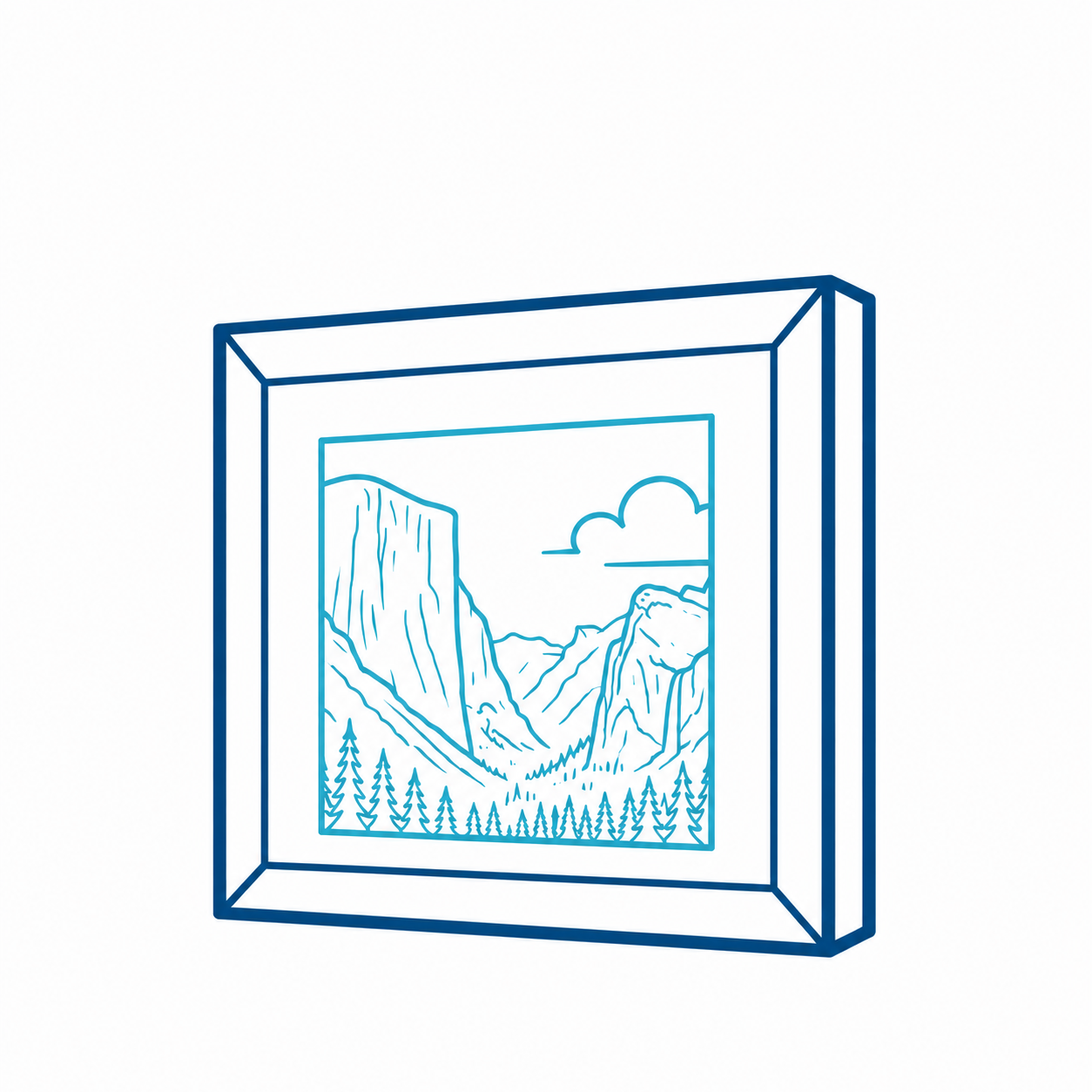 A framed wall art print shown as a simple line drawing of a mountain landscape with trees and clouds, rendered in blue outline on a white background.