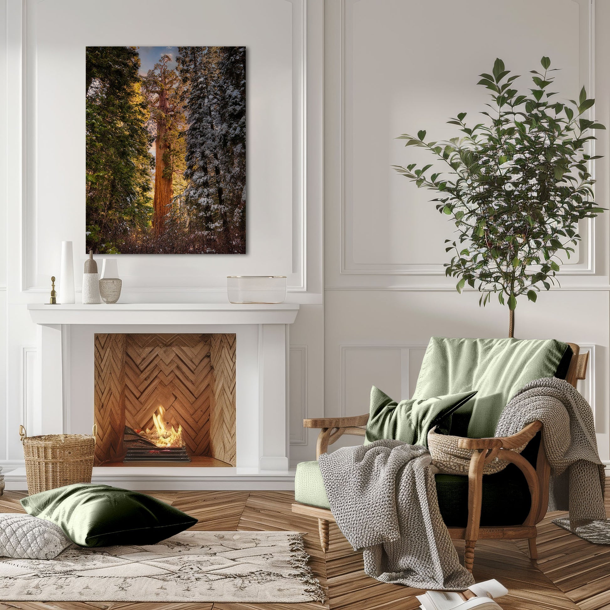 A cozy living room is graced by a canvas wall art depicting the magnificent Giant Sequoia of Grant Grove, complementing the warm ambience and green accents.
