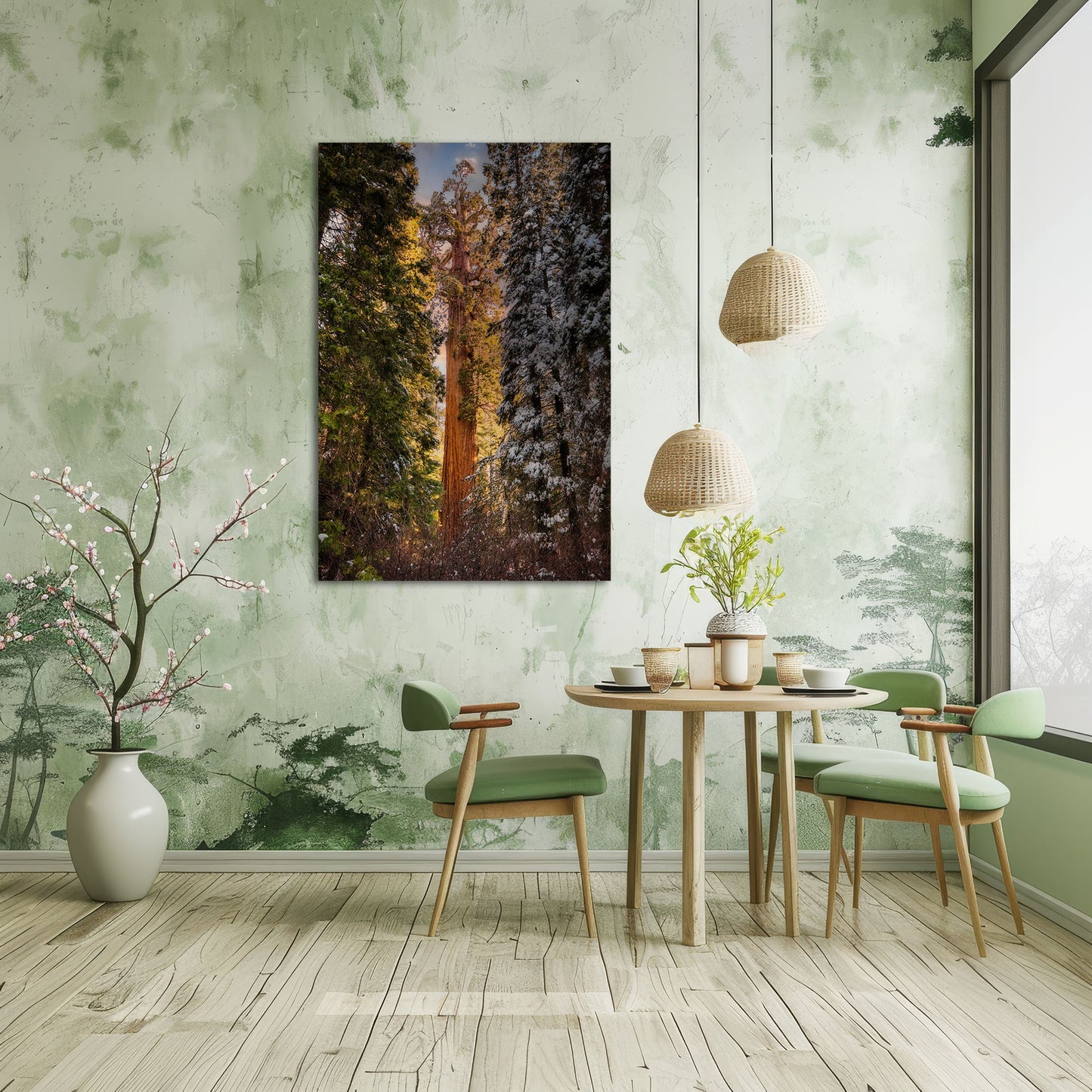 In a serene dining area with a rustic touch, a canvas of the Giant Sequoia from Grant Grove stands tall, its snow-dusted branches contrasting with the greenery around.