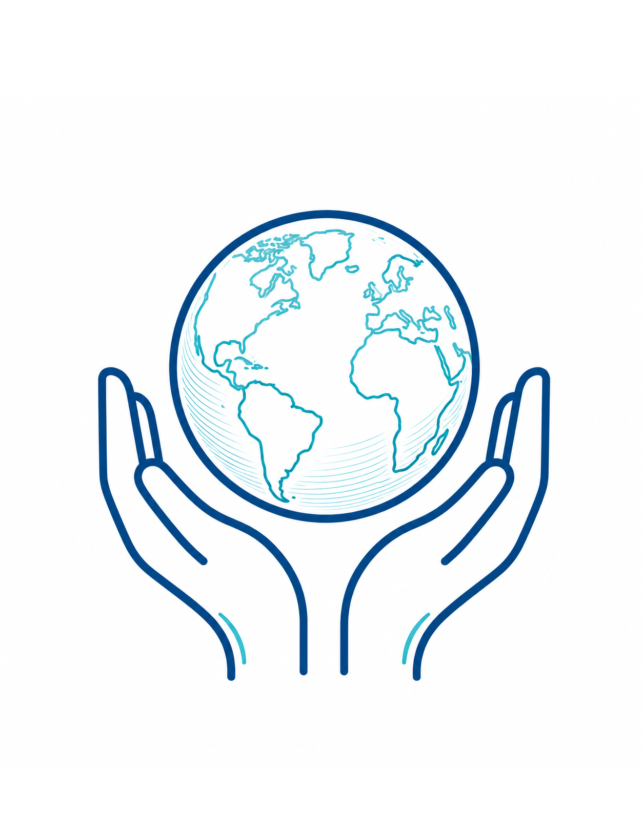 A minimalist blue line-art icon of hands holding a globe, centered on a plain white background.