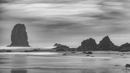 Cannon Beach Oregon Coast Ocean Picture Nature Photo, Black and White Haystack Rocks, Coastal Beach House Decor for Ocean Lovers