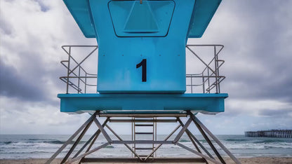 Southern California Coastline Lifeguard Tower Ocean Picture, Oceanside Pier Relaxation Artwork for Meditation, Office, Dorm, and House Decor