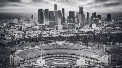 Dodgers Stadium & Los Angeles Sunrise: Black and White LA Skyline Baseball Field Art Print - MLB Cityscape Photography Poster