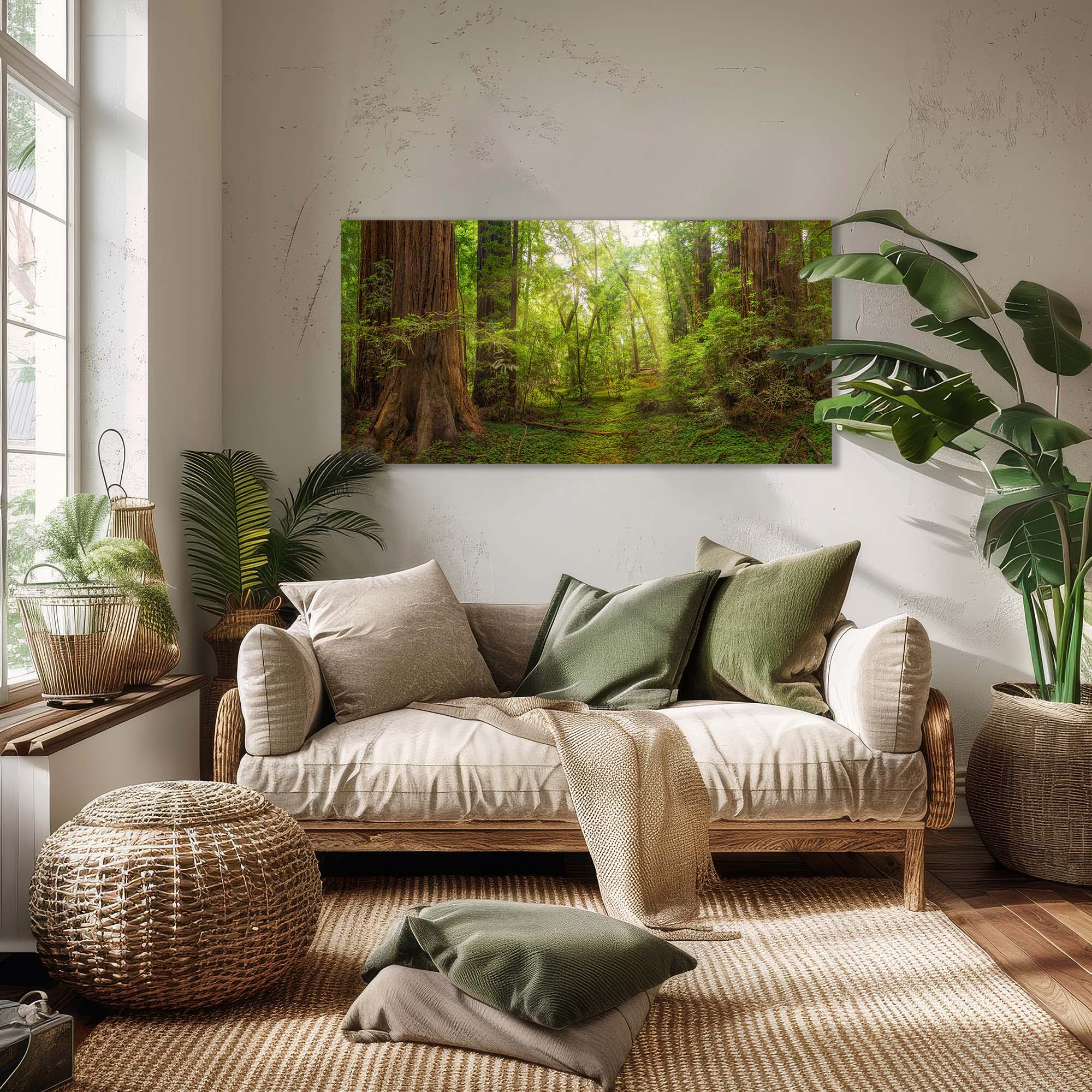 Living room with a sofa, cushions, and a forest painting on the wall.