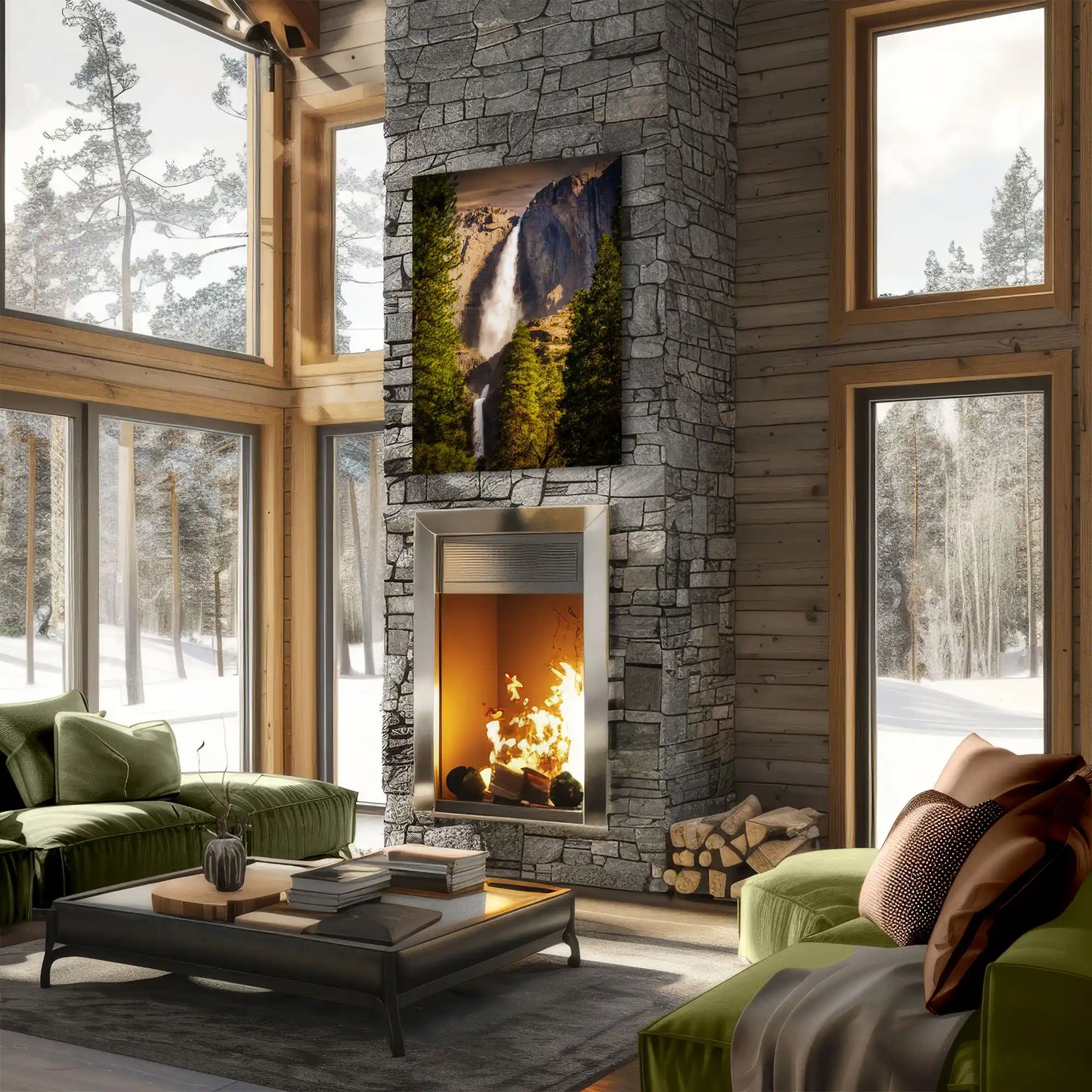 Elegant living room setup with a Yosemite Falls sunset wall art print, creating a focal point that complements earthy tones and spacious interiors.