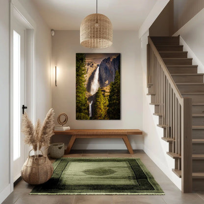 Home entryway enhanced with a breathtaking Yosemite Falls sunset wall art, offering a warm welcome with its vibrant colors and dynamic scenery.