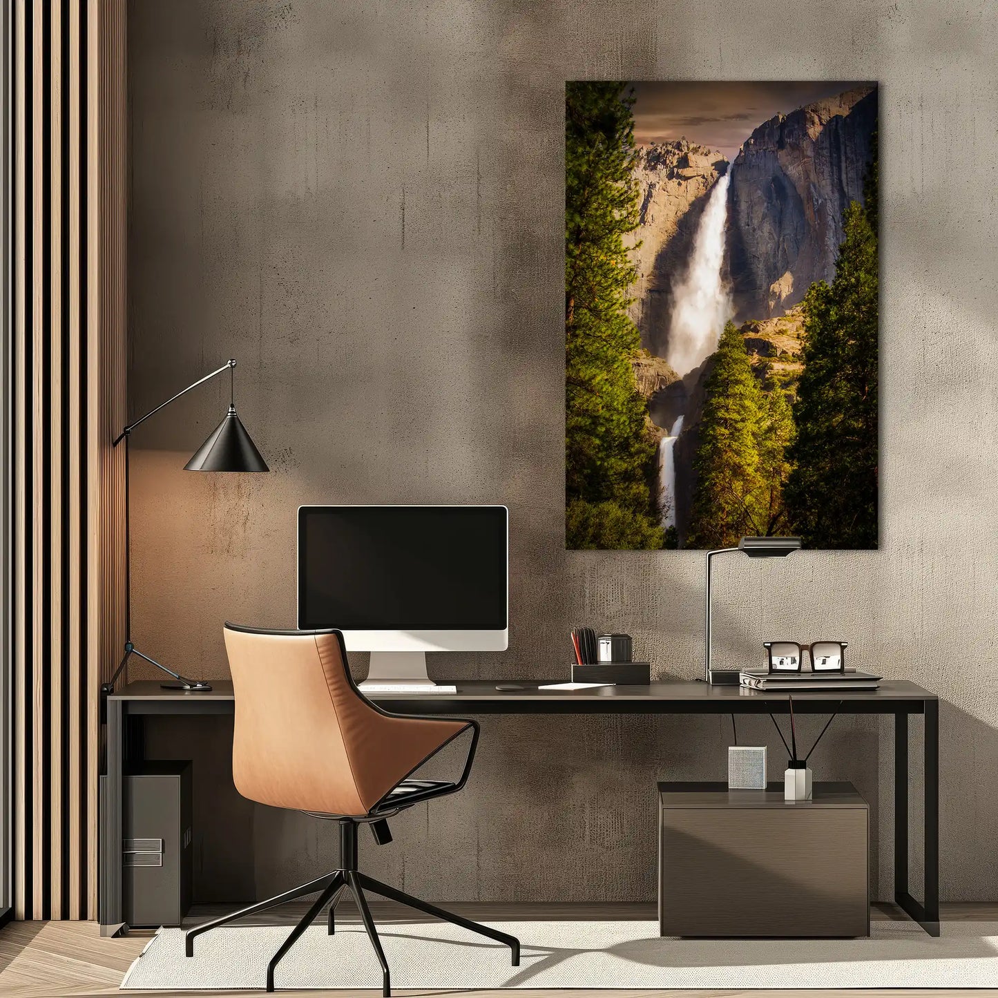 Metal wall art of Yosemite Falls at sunset in an office setting, blending natural beauty with a professional environment.